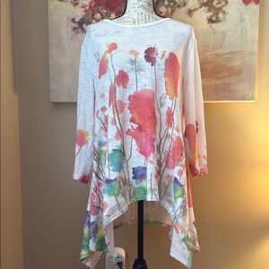 Indigo Soul Asymmetrical Pink and Blue Watercolor Tunic with 3/4 Sleeves